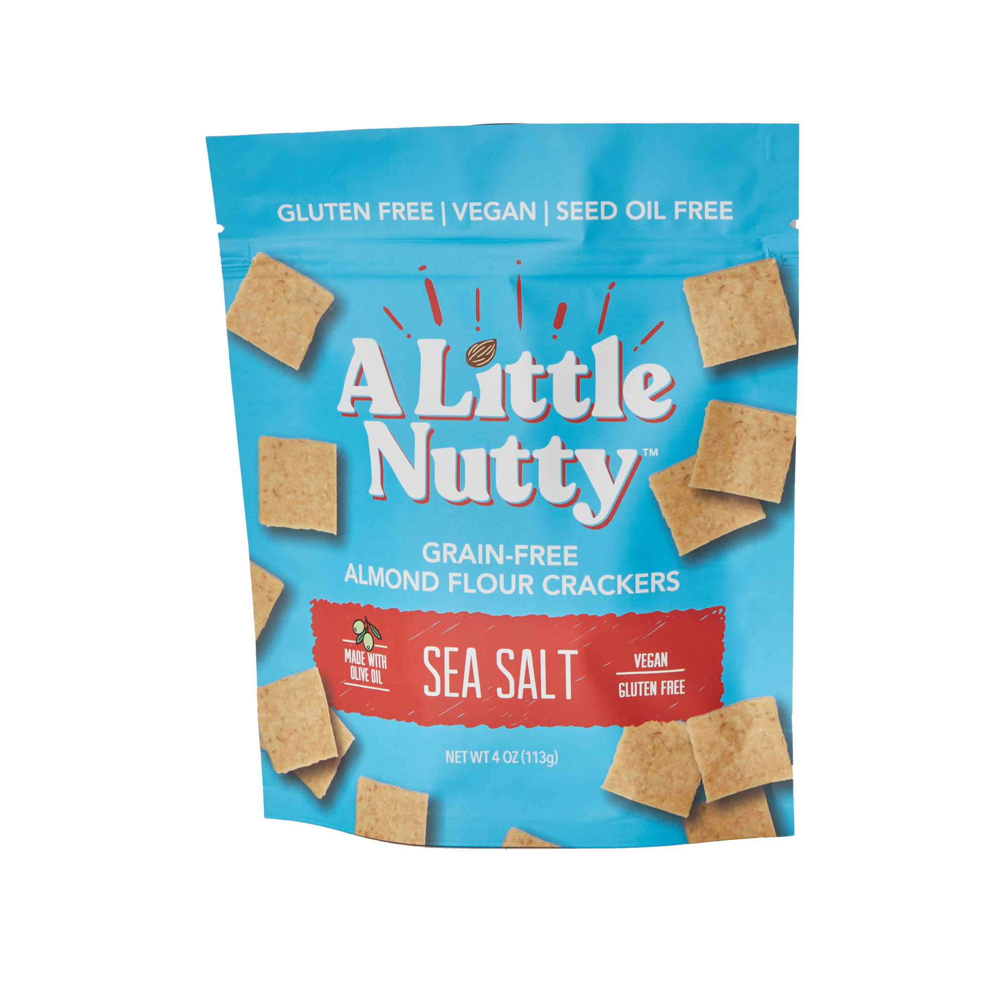Packaging of 'A Little Nutty' grain-free almond flour crackers with sea salt on a white background